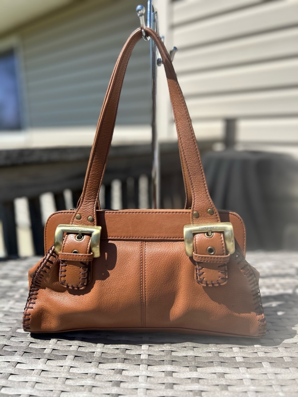 Franco Sarto Saddle Brown Leather Shoulder Bag with Brass Buckles